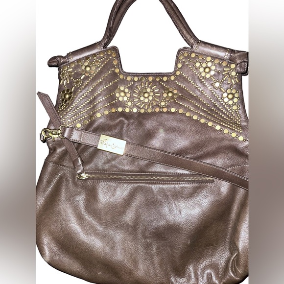 Foley & Corianna π€Fold-over Mid City Tote, Vegan βLeatherβ, brown w/ Gold Studs - Picture 3 of 6